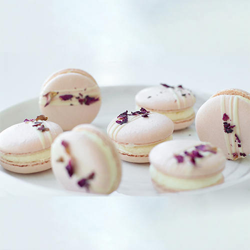 alternative rows of macaron top and bottom shells on a baking tray