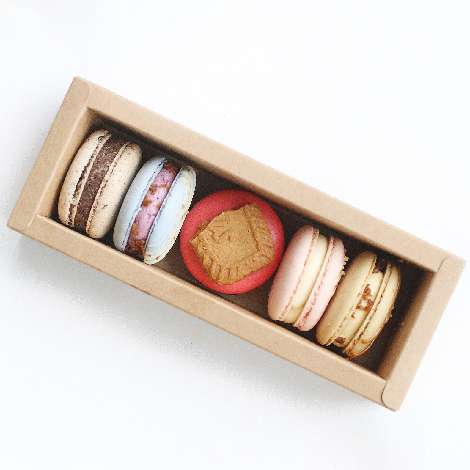 a row of 5 macarons on their side placed inside a kraft paper box